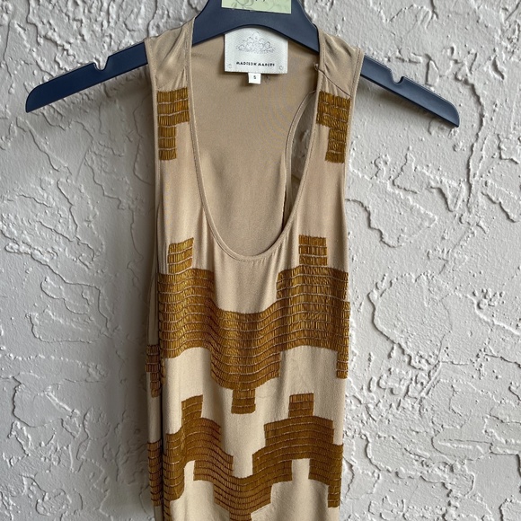 Madison Marcus Tops - Madison Marcus S Tan 100% Silk Sleveeless with gold rhinestones.